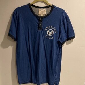 American Eagle Outfitters Men's Blue Graphic Henley Tee